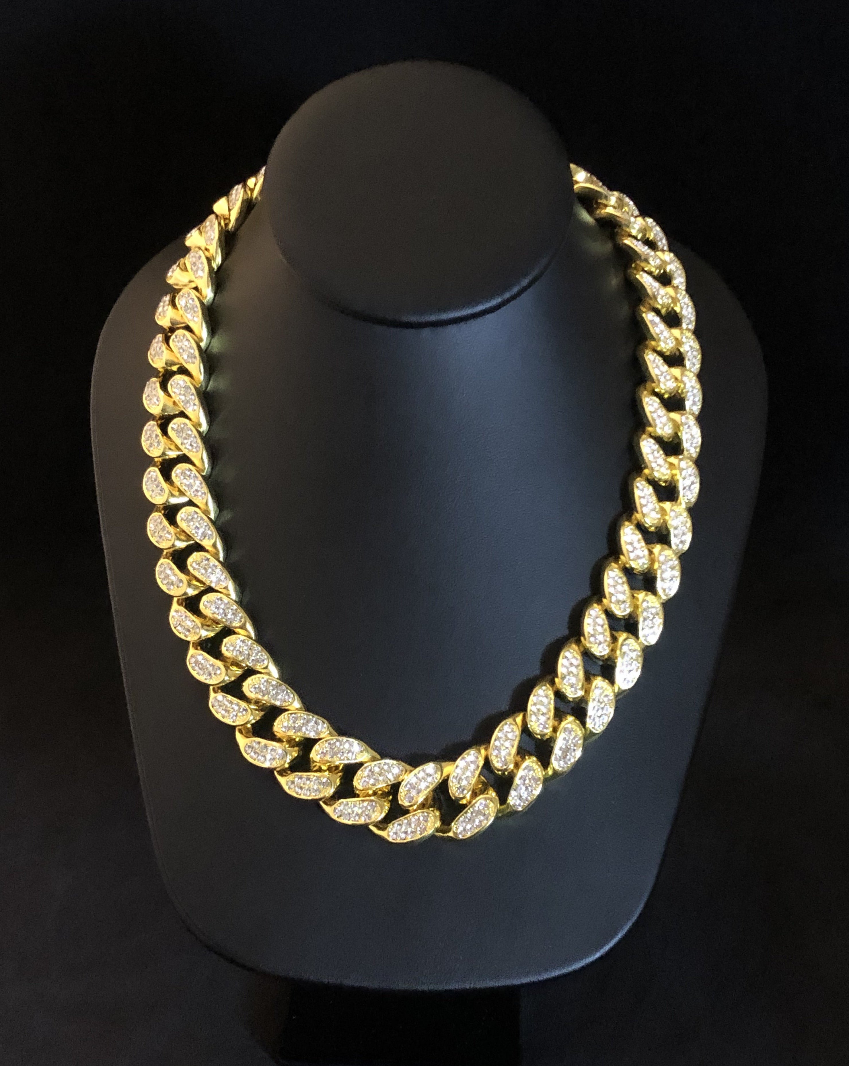 Gold Cuban Chain Necklace Crystal Pave Box Clasp 16-28